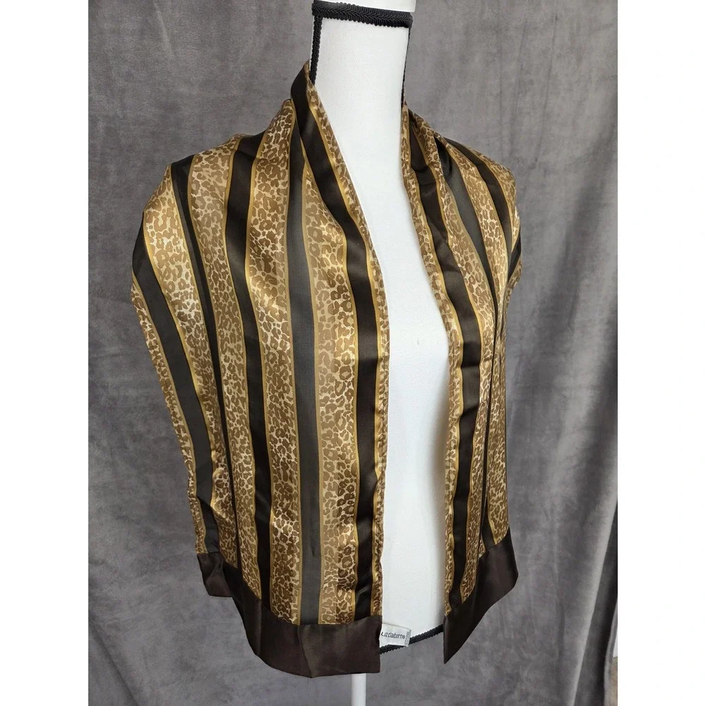 Vintage Liz Claiborne Silk‎ Scarf Cheetah Print Brown 12x61 Brown Gold Stripes